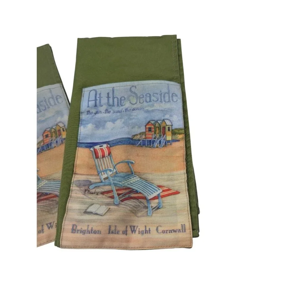 Set Of 4 Cypress Home Green At The Seaside Napkins WUtensil Pockets 100% Cotton